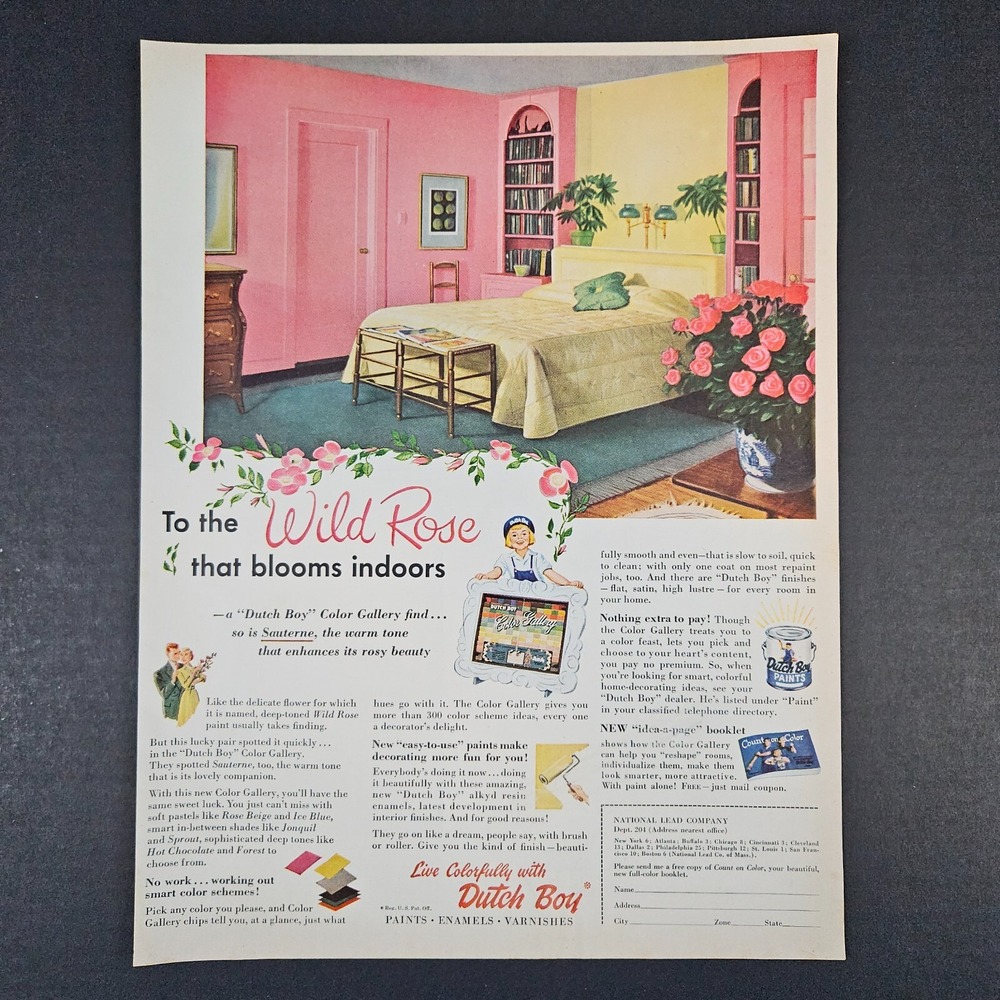 1953 Dutch Boy Paints Wild Rose Vintage Print Ad Bedroom Scene National Lead Co